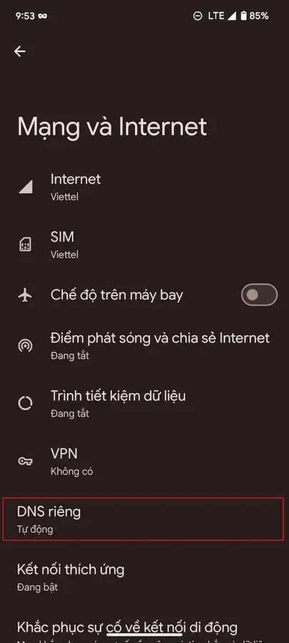 Mục Private DNS trên Android