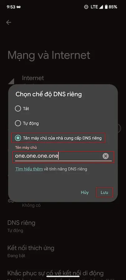 Nhập hostname Private DNS trên Android