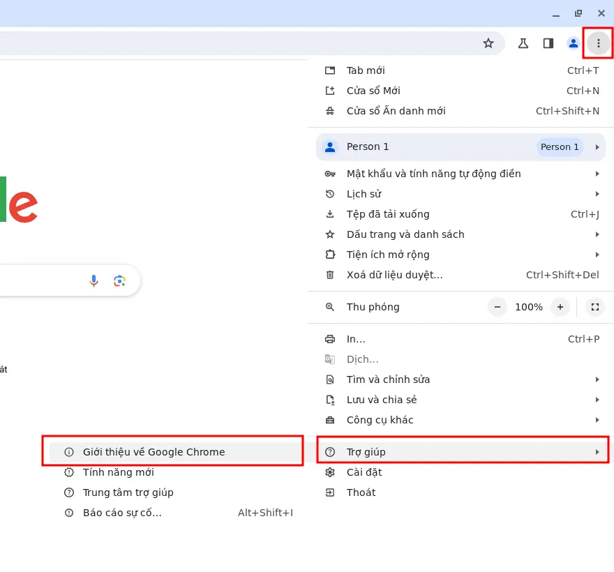 Menu Chrome và mục giúp kiểm tra phiên bản