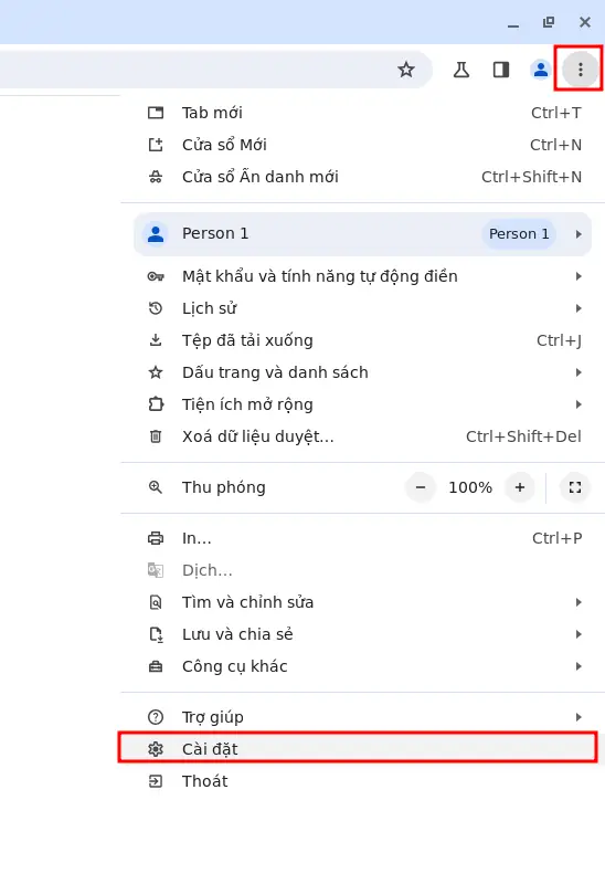 Menu ba chấm và phần cài đặt Chrome