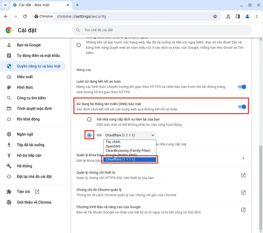Tùy chọn Cloudflare trong Secure DNS của Chrome