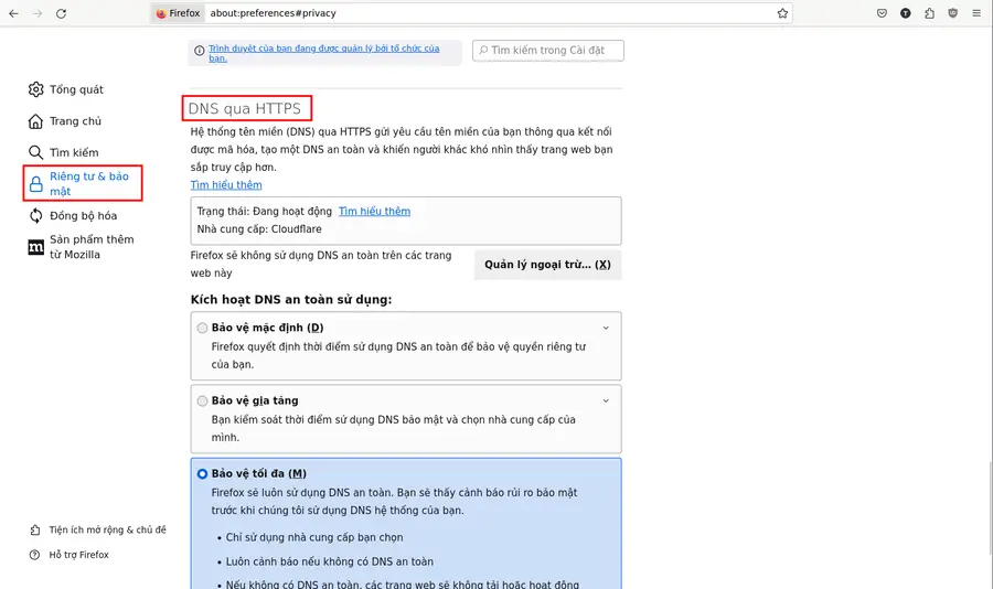Mục DNS over HTTPS trong Firefox