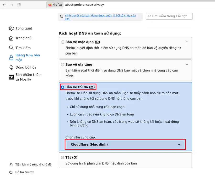 Chọn Cloudflare cho DNS over HTTPS trong Firefox